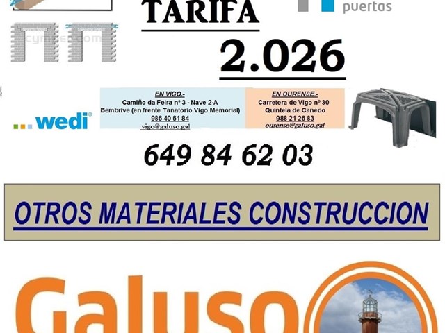 TARIFA OTROS MATERIALES CONSTRUCCION 2026